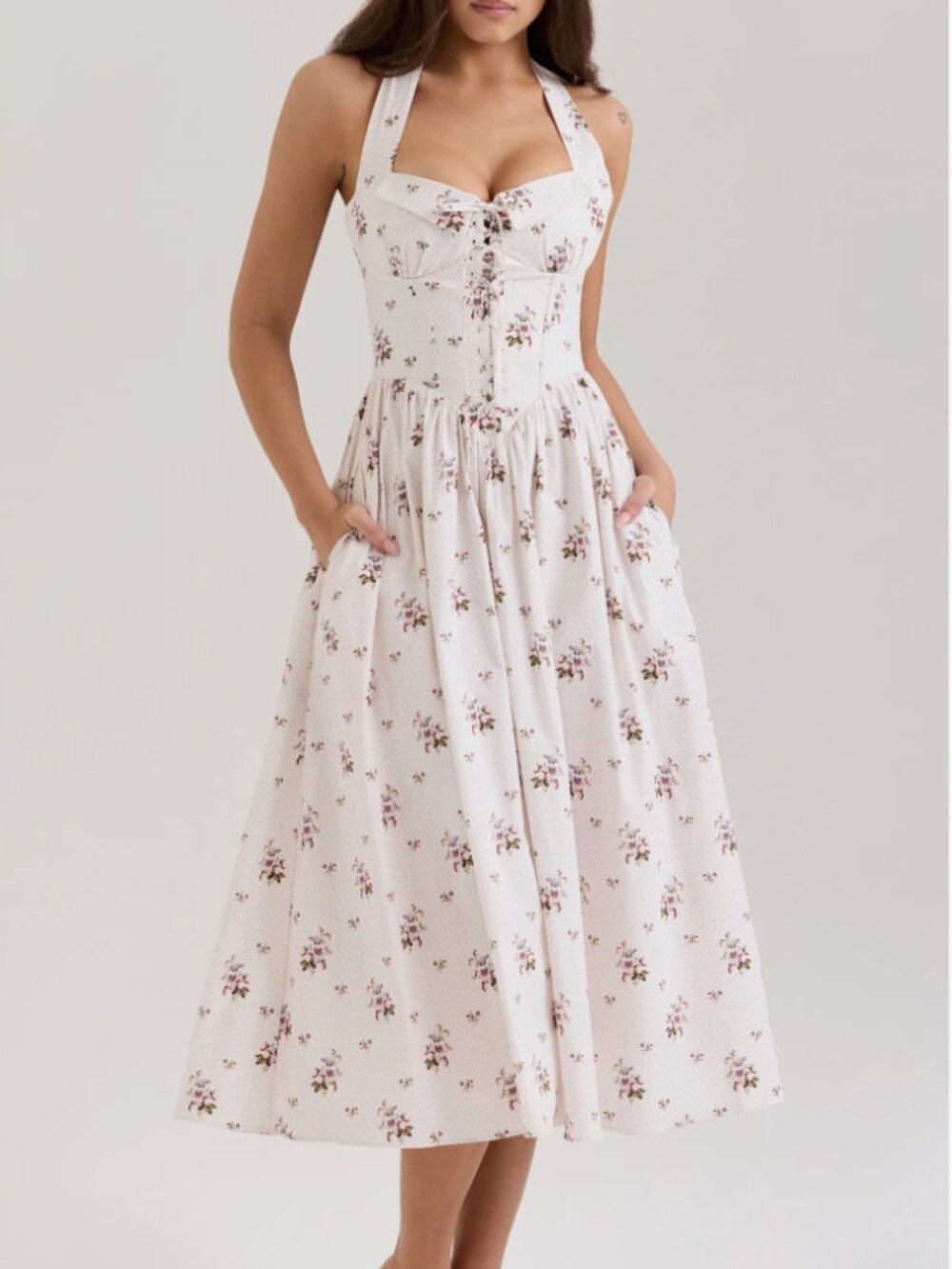 House of CB Emilia Cream Floral Print Halter Midi Dress Size M Bigger Cup NWT